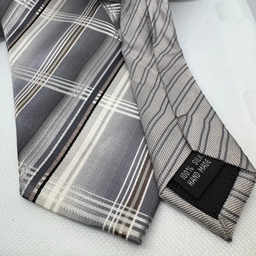 Euro Knot by Barton Como Men's Tie 100% Silk Grey Plaid Hand Made